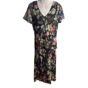 Vintage Positive Attitude Black Floral Beaded Maxi Elegant Evening Dress Sz 12P